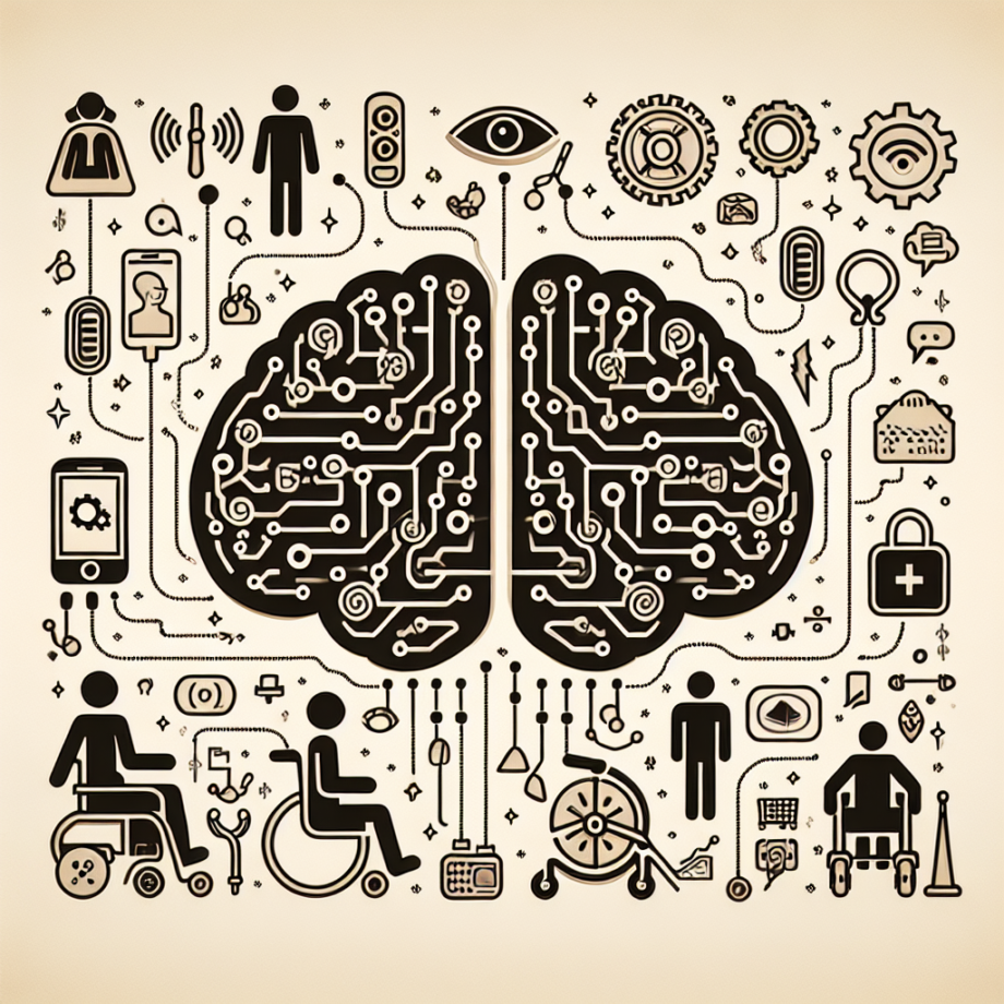 "Ilustración de diversas tecnologías de inteligencia artificial mejorando la accesibilidad para personas con discapacidad, destacando herramientas como lectores de pantalla y asistentes de voz."