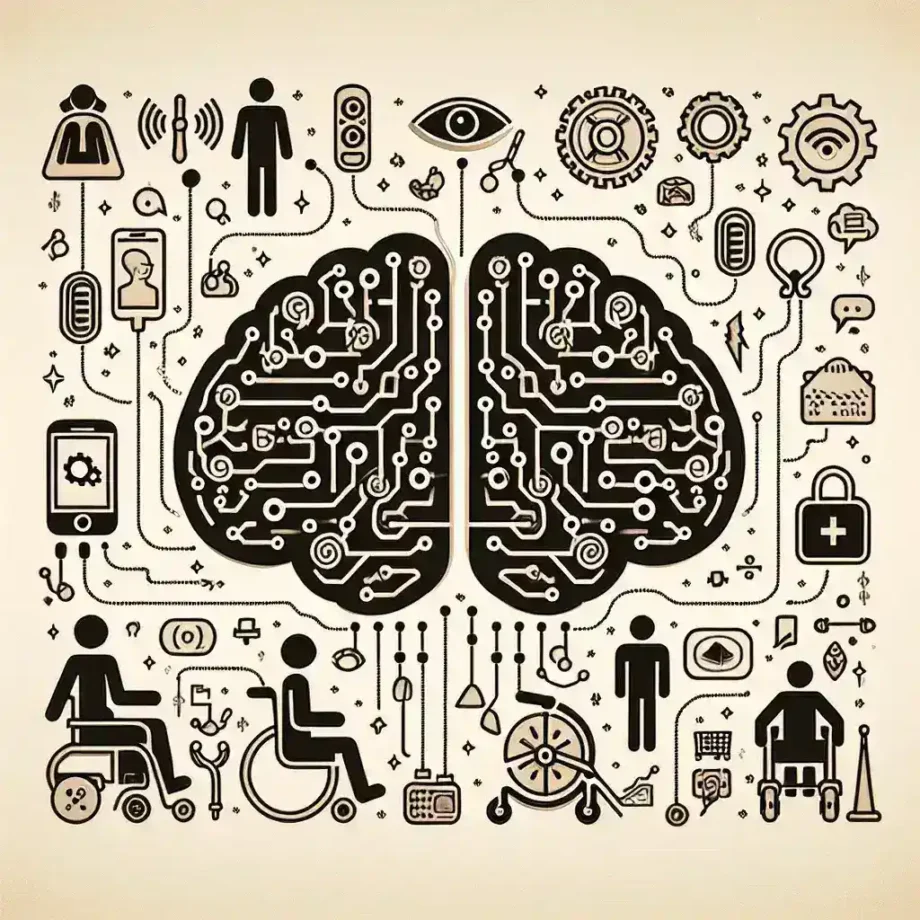 "Ilustración de diversas tecnologías de inteligencia artificial mejorando la accesibilidad para personas con discapacidad, destacando herramientas como lectores de pantalla y asistentes de voz."
